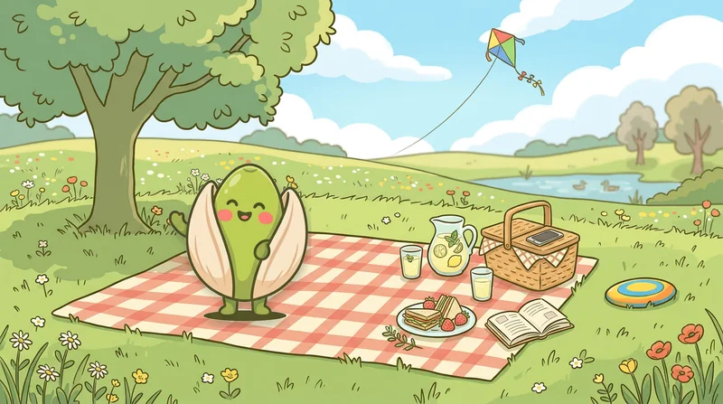 The Brainripe buddy waving on a picnic blanket in a sunny park, with a phone set aside on the picnic basket and a kite, frisbee, and lemonade nearby