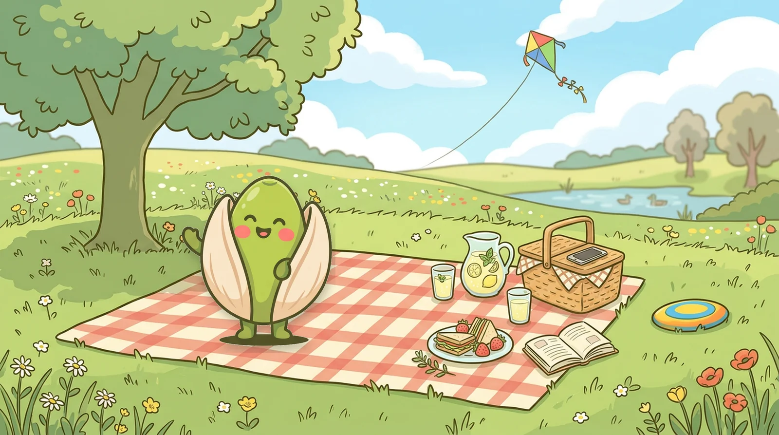 The Brainripe buddy waving on a picnic blanket in a sunny park, with a phone set aside on the picnic basket and a kite, frisbee, and lemonade nearby