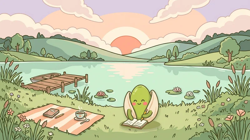 The Brainripe buddy journaling by a calm lake at sunrise