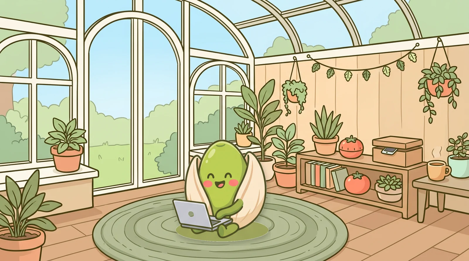 The Brainripe buddy focused on its laptop on a rug in a sunny greenhouse, its phone tucked away in a box across the room