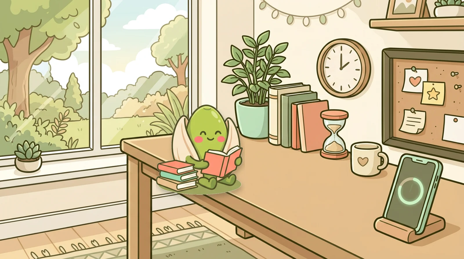 The Brainripe buddy studying at a sunny desk next to a phone showing a timer