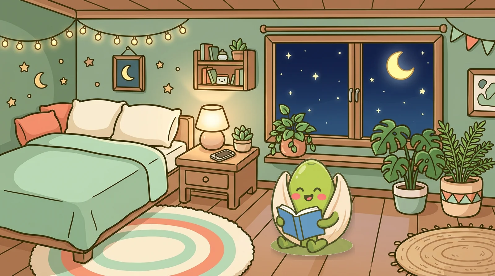 The Brainripe buddy reading a book in a cozy bedroom at night while its phone lies face-down on the nightstand