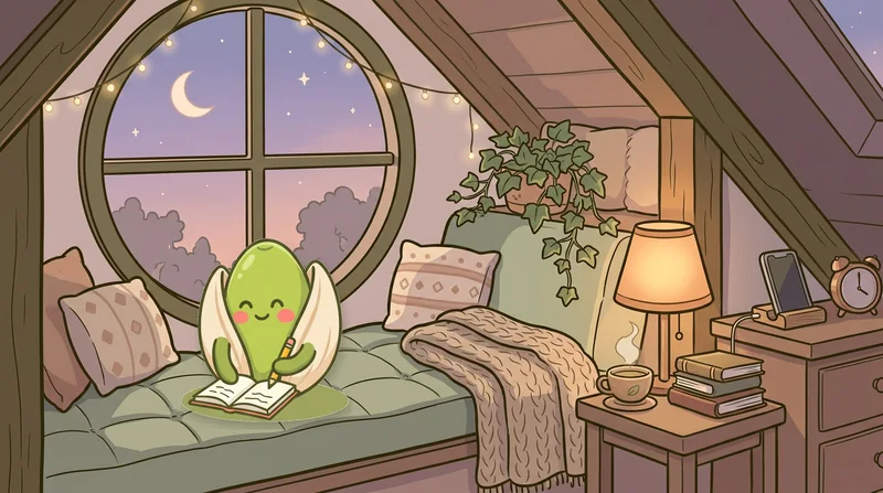The Brainripe buddy writing in a journal on a cozy window seat at twilight while its phone charges on a dresser across the room