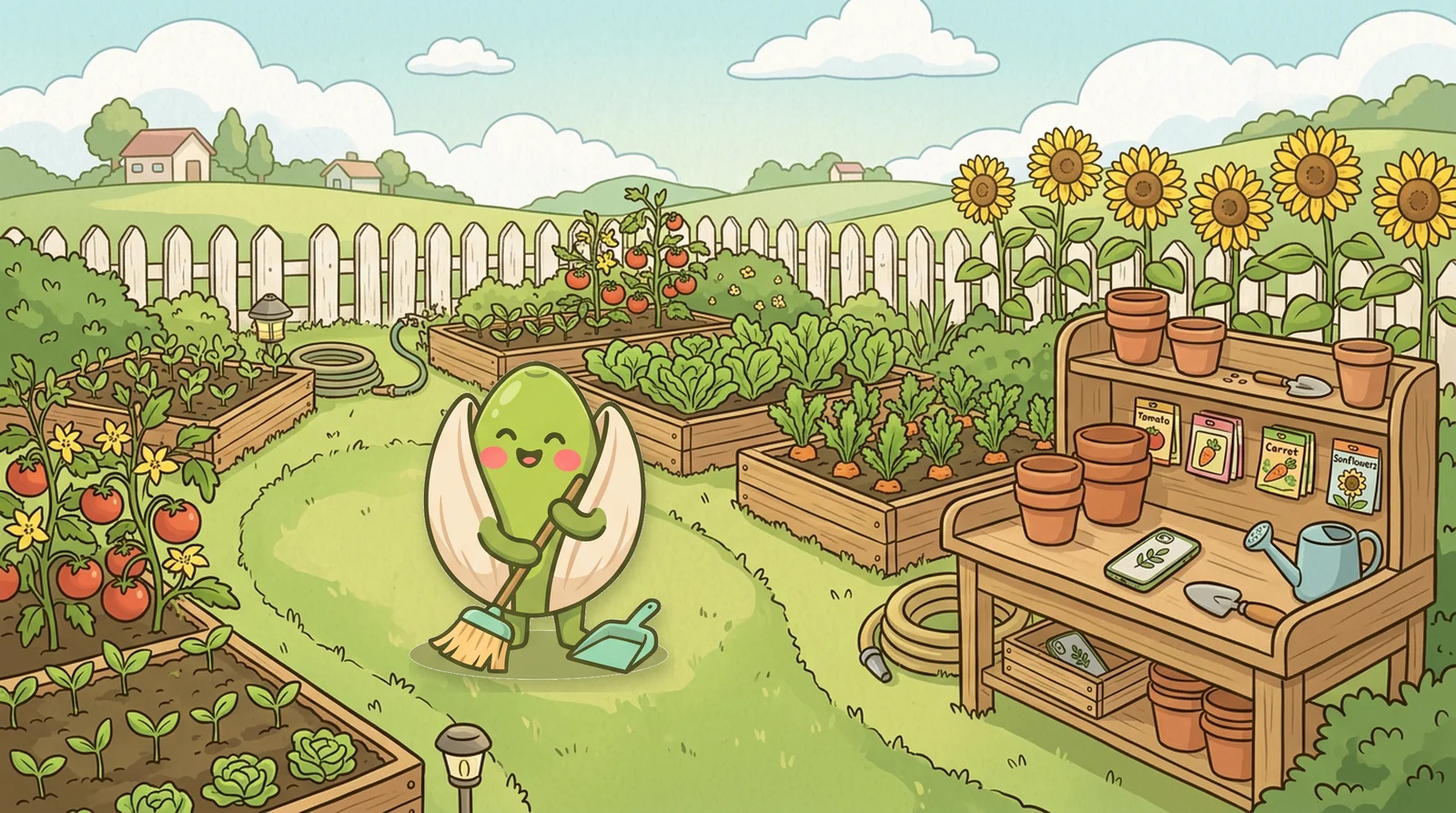 The Brainripe buddy sweeping a garden path between raised vegetable beds, with sunflowers, clay pots, a watering can, and a phone set aside on a potting bench