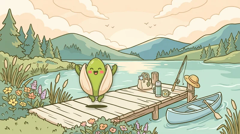 The Brainripe buddy cheering on a wooden dock by a calm mountain lake, with a canoe, a fishing rod, a thermos, and a tote bag set aside