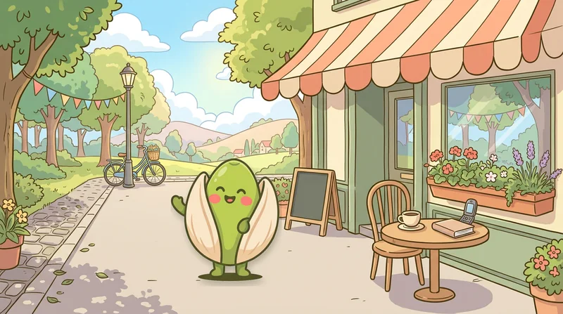 The Brainripe buddy waving on a sunny café sidewalk next to a table with a coffee, a book, and a closed flip phone