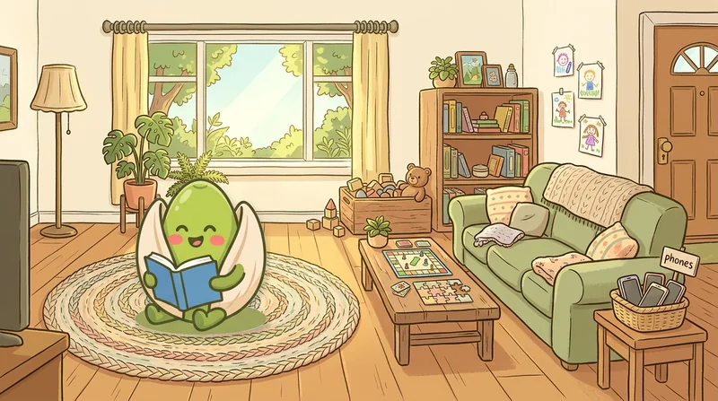 The Brainripe buddy reading in a cozy family living room with a toy box, board games, crayon drawings, and a phone basket by the door