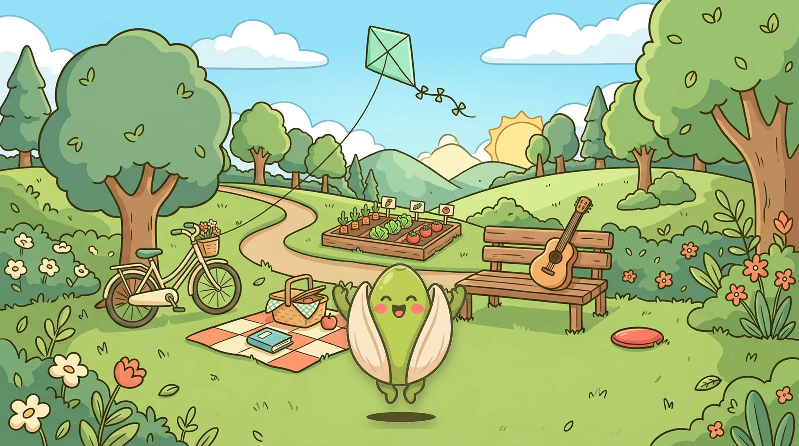 A sunny park with a kite, bicycle, picnic blanket, and the Brainripe buddy cheering