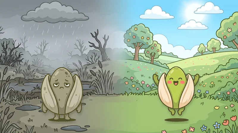 A gray, rotten Brainripe buddy in a foggy swamp next to a happy, ripe buddy in a sunny meadow