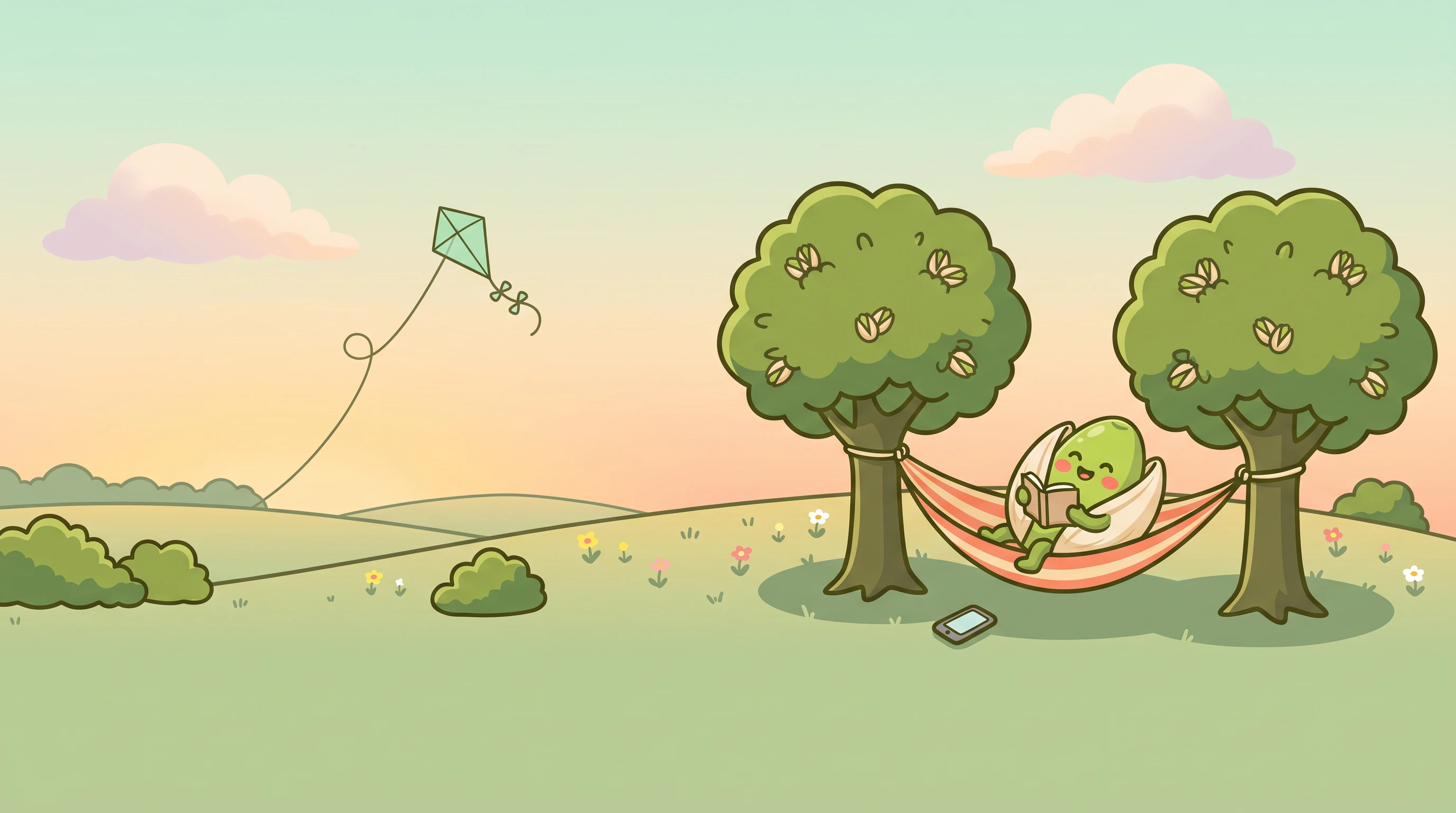 The Brainripe buddy relaxing in a hammock between two trees, reading a book, its phone forgotten in the grass