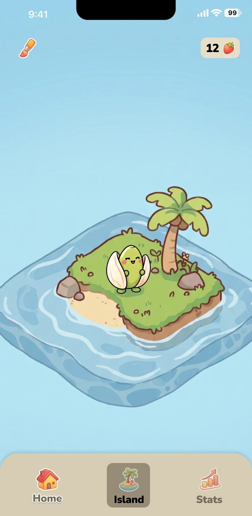 Brainripe island screen with the buddy standing on its own little island