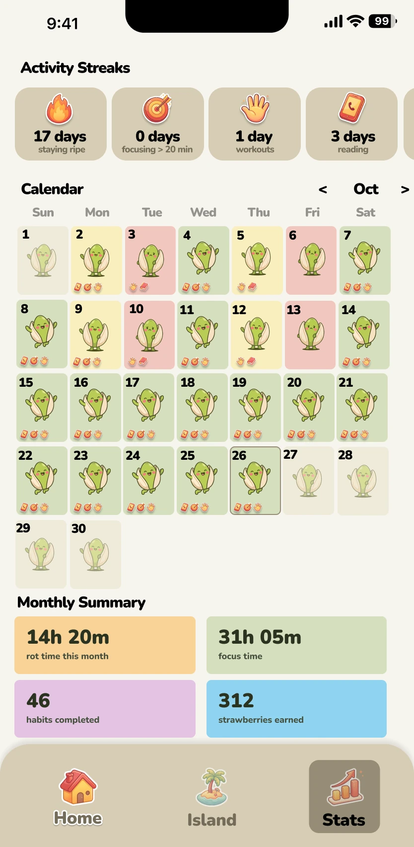 Brainripe stats screen with a sticker calendar of ripe days and streaks